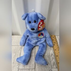 Ty Blue Plush Bear with Peace Emblem